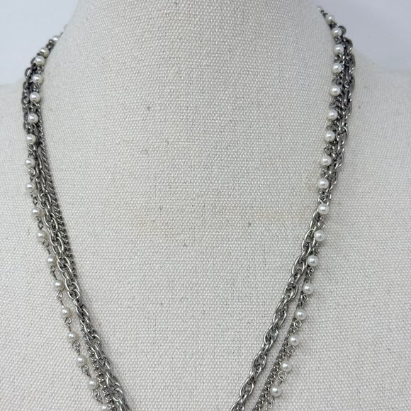 Vintage‎ Tassel Necklace Faux Pearl Silver-Tone Multi-Strand Chains Classic - Picture 5 of 8